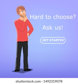 Confused man unable to make up his mind or reach a decision standing with hand to mouth thinking about something, vector illustration