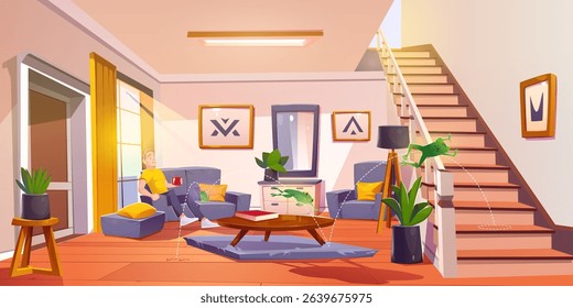 Confused man watches frog jump around living room - green amphibian leaps between furniture with dotted trail paths. Sofa and wooden stairs, potted plants and floor lamp in cozy home interior scene.