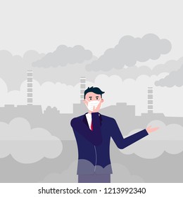 Confused man wearing mask against smog. Fine dust, air pollution, industrial smog protection concept flat style design vector illustration. Industrial plant pipes with huge clouds of smoke behind.