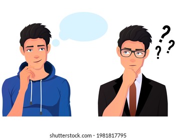Hombre confuso usando traje y pensando mientras mira en el aire. Hombre con capucha y pensando en nuevas ideas. Vector Premium