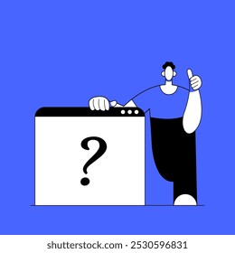 Hombre confundido en Web duda, incertidumbre. Elección, dilema, concepto de toma de decisiones. Decisión, elegir entre opciones, hacer preguntas, solicitudes. Ilustración vectorial plana.