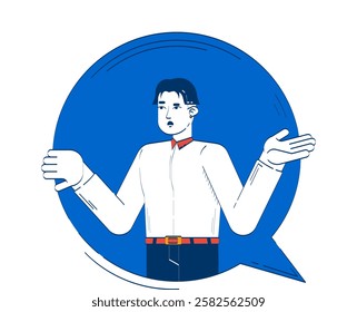 Confused man in white shirt gesturing in speech bubble 2D doodle character. Questioning communication. Asian male puzzled cartoon person vector drawing isolated on white. Hand drawn illustration