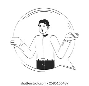 Confused man in white shirt gesturing in speech bubble doodle linear character. Questioning communication. Asian male puzzled 2D vector outline person isolated. Hand drawn drawing illustration