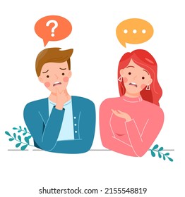 Confused man and woman, couple discussing, thinking, sharing impressions or asking question. Colleagues in doubt, do not understand and be worried, emotional conversation. Flat vector illustration.