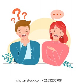 Confused man and woman discussing, thinking, sharing impressions or asking question. Friends or colleagues in doubt, do not understand and be worried, emotional conversation. Flat vector illustration.