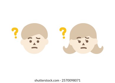 Confused man and woman head with question mark. Facial expression, feeling, trouble, solution concepts. Flat people character vector design isolated illustration.