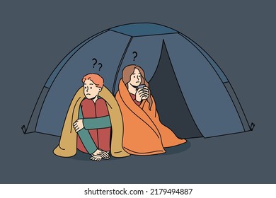 Confused man and woman sleeping in tent outside live for charity or donation. Unhappy couple refugees in camp on street. Homeless problem. Vector illustration. 