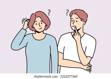 Confused man and woman thinking solving problem together. Frustrated couple feel unsure or doubtful look for solution or decision. Vector illustration. 