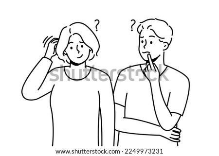 Confused man and woman thinking solving problem together. Frustrated couple feel unsure or doubtful look for solution or decision. Vector illustration. 
