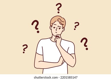 Confused man wondering looking for problem solution. Pensive young guy frustrated with trouble thinking and brainstorming. Vector illustration. 