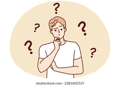 Confused man wondering looking for problem solution. Pensive young guy frustrated with trouble thinking and brainstorming. Vector illustration.