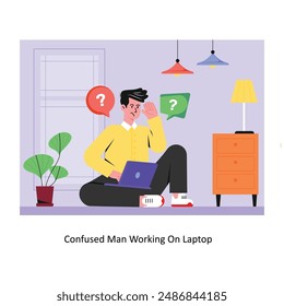 Confused Man Working On Laptop concept flat style stock illustration with background . EPS 10 File 