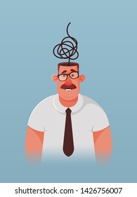 Confused Manager with a Mess Inside His Head. Cartoon Style. Vector Illustration