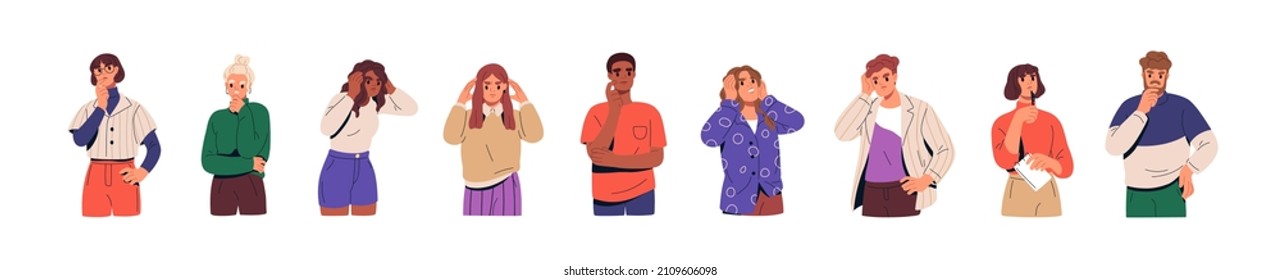 Confused men and women in doubts and thoughts. Puzzled pensive people worry and think with serious thoughtful expression. Uncertain characters. Flat vector illustrations isolated on white background - Shutterstock ID 2109606098