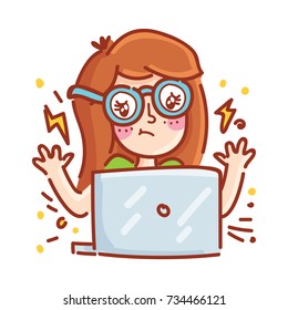 Confused, messed up freelance hipster girl with glasses working in front of notebook computer. Hand drawn style, cute doodle cartoon illustration for web, stickers, emoji, emotions
