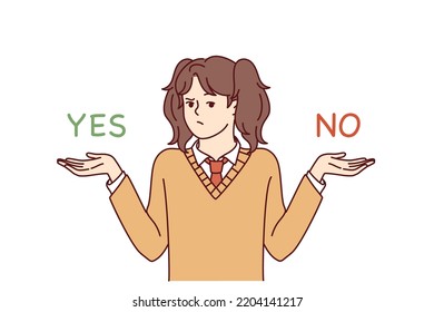 Confused millennial girl make choice between yes and no. Frustrated child feeling dilemma choosing deciding. Vector illustration. 