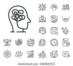 Confused mind sign. Online doctor, patient and medicine outline icons. Stress line icon. Depression or Mental health symbol. Stress line sign. Veins, nerves and cosmetic procedure icon. Vector