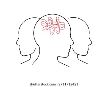 A mente confusa com linhas vermelhas emaranhadas, um conceito de estresse mental. Ilustração vetorial de uma cabeça humana com linhas vermelhas emaranhadas no interior, simbolizando pensamentos complexos, estresse, ansiedade e saúde mental.