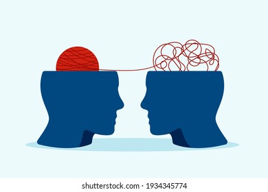 Confused mind and thoughts clipart. Red ball stress in blue human head mental depression and split consciousness with schizophrenic vector disorder.