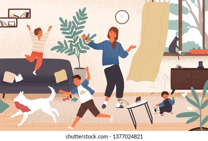 Confused mom and adorable naughty mischievous children jumping around her. Distressed and unhappy mother surrounded by playing kids. Modern parenting. Flat cartoon colorful vector illustration.