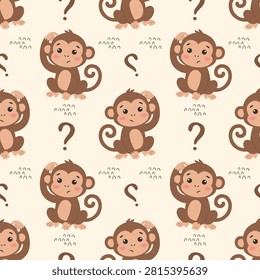 Confused Monkey Seamless Pattern, Adorable Brown Animal Scratching Head Question Mark Illustration, Minimalist Muted Pastel Earth Tones Nursery Kids Wallpaper Repeatable Surface Pattern Design