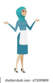 Confused muslim cleaner with spread arms. Full length of confused cleaner in uniform. Young confused cleaner shrugging shoulders. Vector flat design illustration isolated on white background.