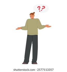 Confused nervous adult man cartoon character shrugging thinking feeling misunderstanding asking various question isolated on white background. Language barrier, difficulties in communication