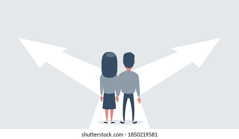 Confused newlyweds are standing at a crossroads , in front of arrows as symbol for choice, career path or opportunities, business concept decision. Vector flat design illustration.