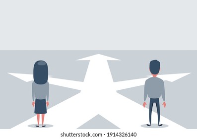 Confused newlyweds are standing at a crossroads , in front of arrows as symbol for choice, career path or opportunities, business concept decision. Vector flat design illustration.