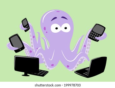 Confused octopus holding many electronic devices