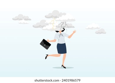 Confused office businesswoman walking with brain fog, smoke or cloud covered her head, brain fog causing mental problem or struggle, work anxiety or stress make confusion or depression (Vector)