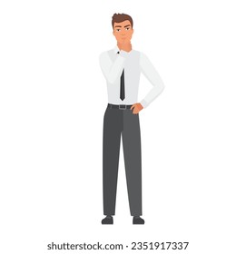 Confused office employee man. Business manager in thinking position vector illustration