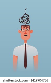 Confused Office Worker with a Mess Inside His Head. Cartoon Style. Vector Illustration