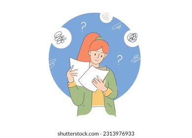 	
Confused office worker reading documents. Hand drawn style vector design illustrations