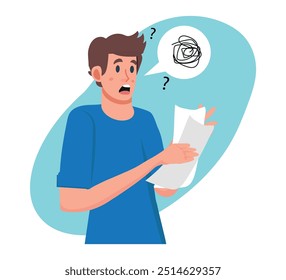 Confused office worker reading documents. Hand drawn style vector design illustrations.