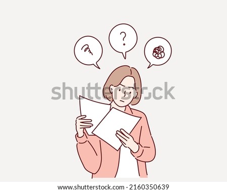Confused office worker reading documents. Hand drawn style vector design illustrations.