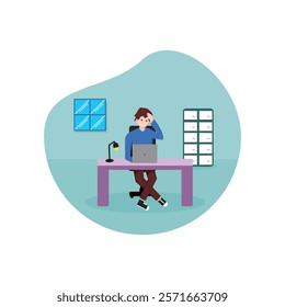 A confused office worker sits at a desk with a laptop, showing signs of stress. Simple flat design, perfect for topics on work pressure, burnout, or productivity.