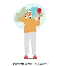 Confused Old Male Character Forget Address and Lost in the City Isolated on White Background. Forgetful Senior Man with Alzheimer Disease. Senility Dementia Concept. Cartoon People Vector Illustration