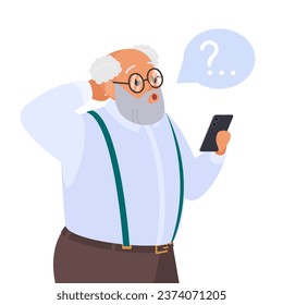 Confused old man holding phone vector illustration. Cartoon isolated sad senior person with smartphone problem and question mark over head, grandfather with glasses in need of help with mobile app