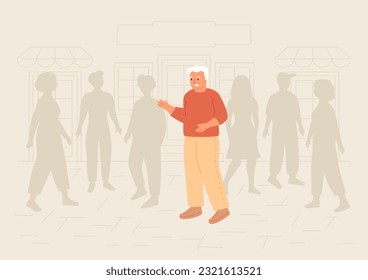 Confused old man standing in city and crowd of people. Dementia concept, memory loss, scared senior male on street looking for help and doesn't know what to do. Vector illustration. Person in stress.