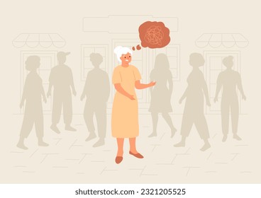 Confused old woman standing in city and crowd of people silhouettes. Dementia concept, memory loss, scared senior female on street looking for help. Elderly person in stress. Vector illustration