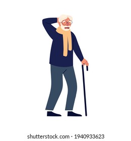 confused older man walk stick
