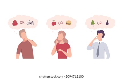 Confused Pensive People Character Choosing Between Two Alternative Vector Set