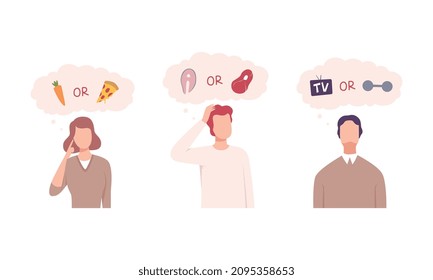 Confused Pensive People Character Choosing Between Two Alternative Vector Set