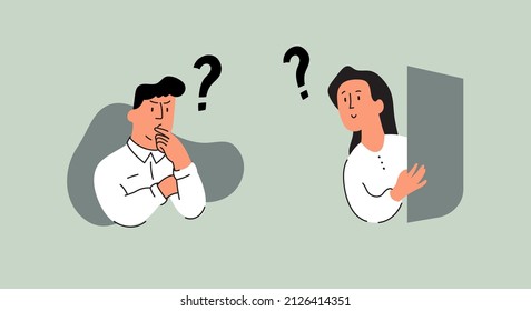 Confused people cartoon illustration. The men and the women with question marks. The concept for business web illustration or article. 