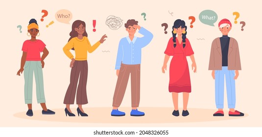 Confused people concept. ollection of characters who ask various questions and search for answers. Upset men and women in different poses. Cartoon flat vector set isolated on pink background
