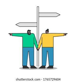 Confused people standing at road sign choosing direction. Lost man and woman make decision at pathway crossroad. Cartoon characters choose different ways. Flat vector illustration