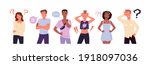 Confused people think in doubt vector illustration set. Cartoon young doubting characters with worry thinking sad faces showing gestures of stress and problems, dilemma question isolated on white