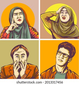 Confused people think in doubt vector illustration set. Cartoon young doubting characters with worry thinking sad faces showing gestures of stress and problems, dilemma question