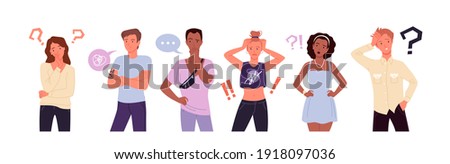 Confused people think in doubt vector illustration set. Cartoon young doubting characters with worry thinking sad faces showing gestures of stress and problems, dilemma question isolated on white
